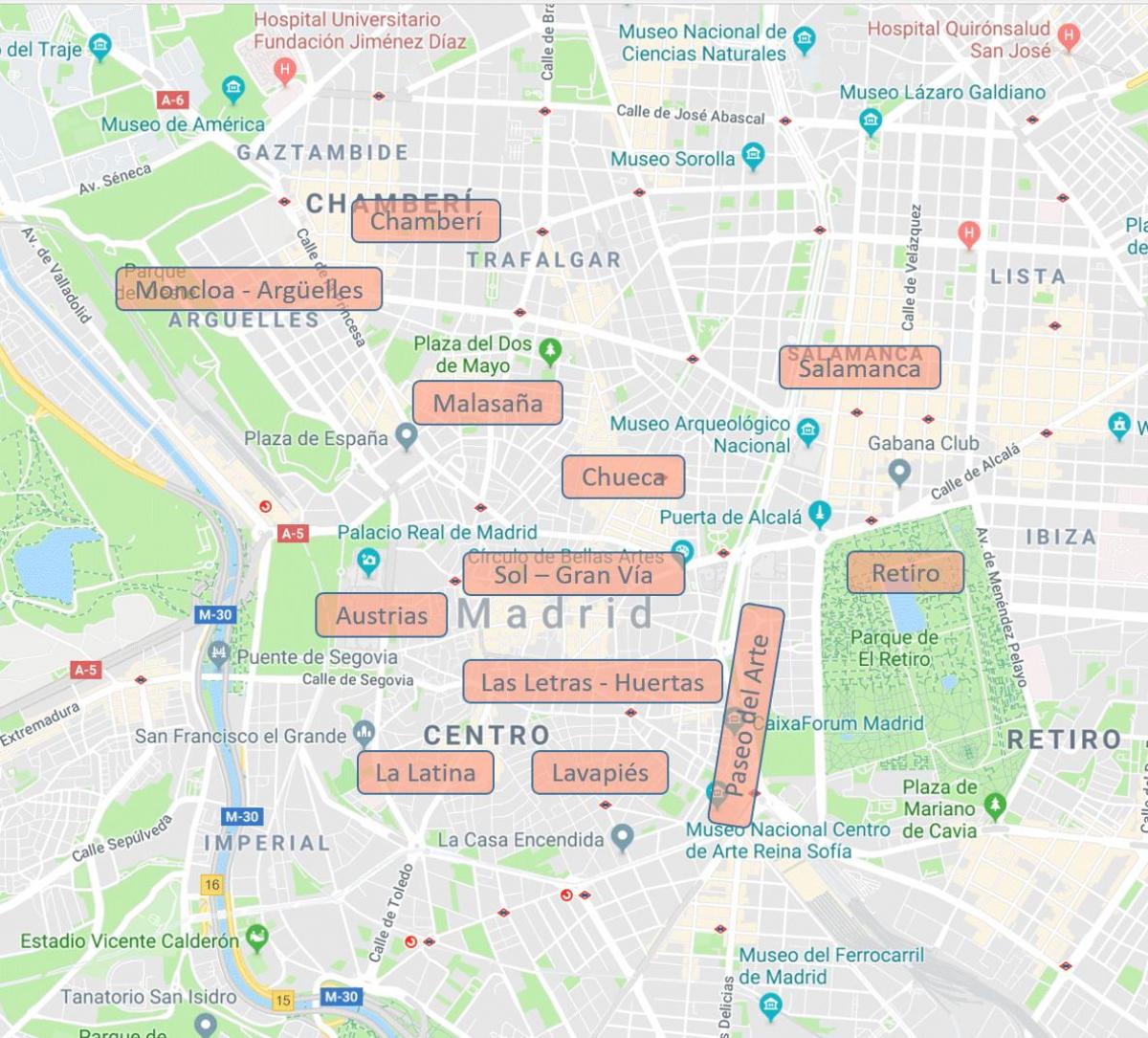 χάρτης της Μαδρίτης, Ισπανία γειτονιές